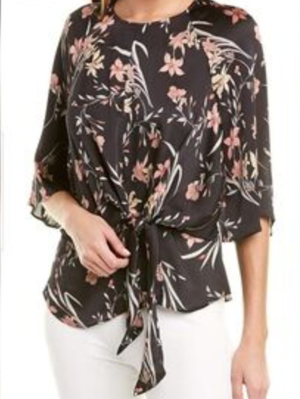 Vince Camuto Blaac Floral Tue Waist Crepe Feel Blouse 3/4 Length Sleeves - L